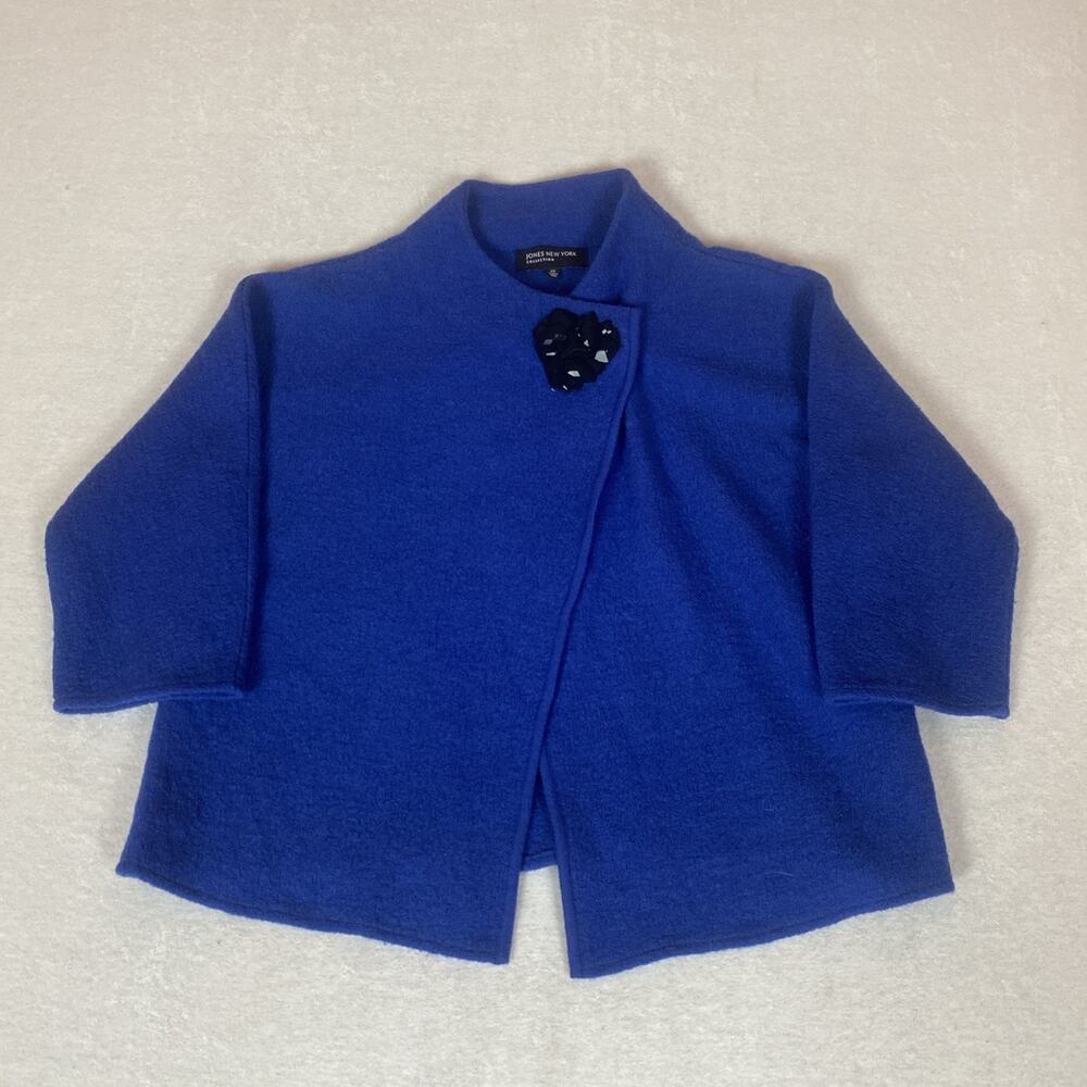 Jones New York Wool Mod Black Jewel Shimmer Button Blue Flare Cape Jacket